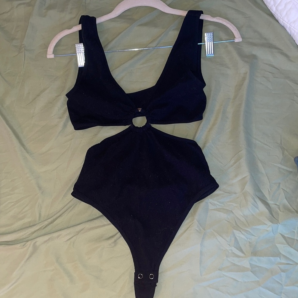 Black Ribbed Bodysuit with Tortoise Ring Detail